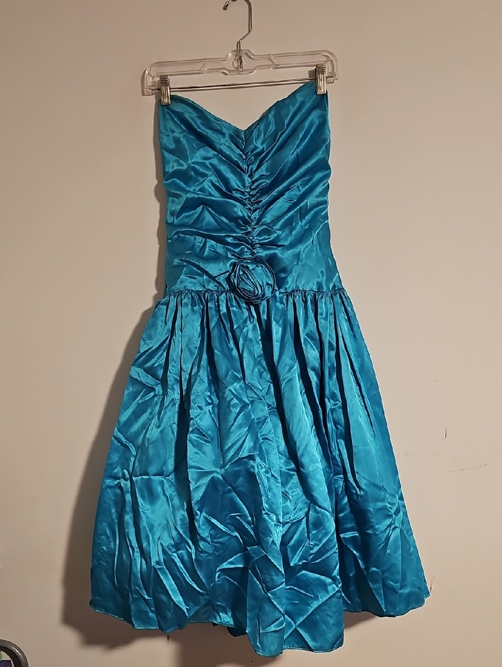 Strapless Teal Prom Dress with Rosette Detail